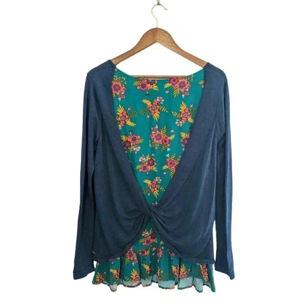 Matilda Jane Teal Turquoise Twist & Shout Sweater Size Medium Floral Ruffle Hem